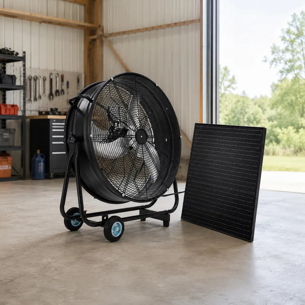 30 Inch Wheeled Solar Fan with 140W Adjustable Monocrystalline Solar Panel, 130W DC Brushless Ventilation Fan, 3-Speed Remote Control Portable Solar Powered Fan for Warehouse, Workshop, Greenhouse, Garage, Outdoor Camping, RV & Farm Ventilation