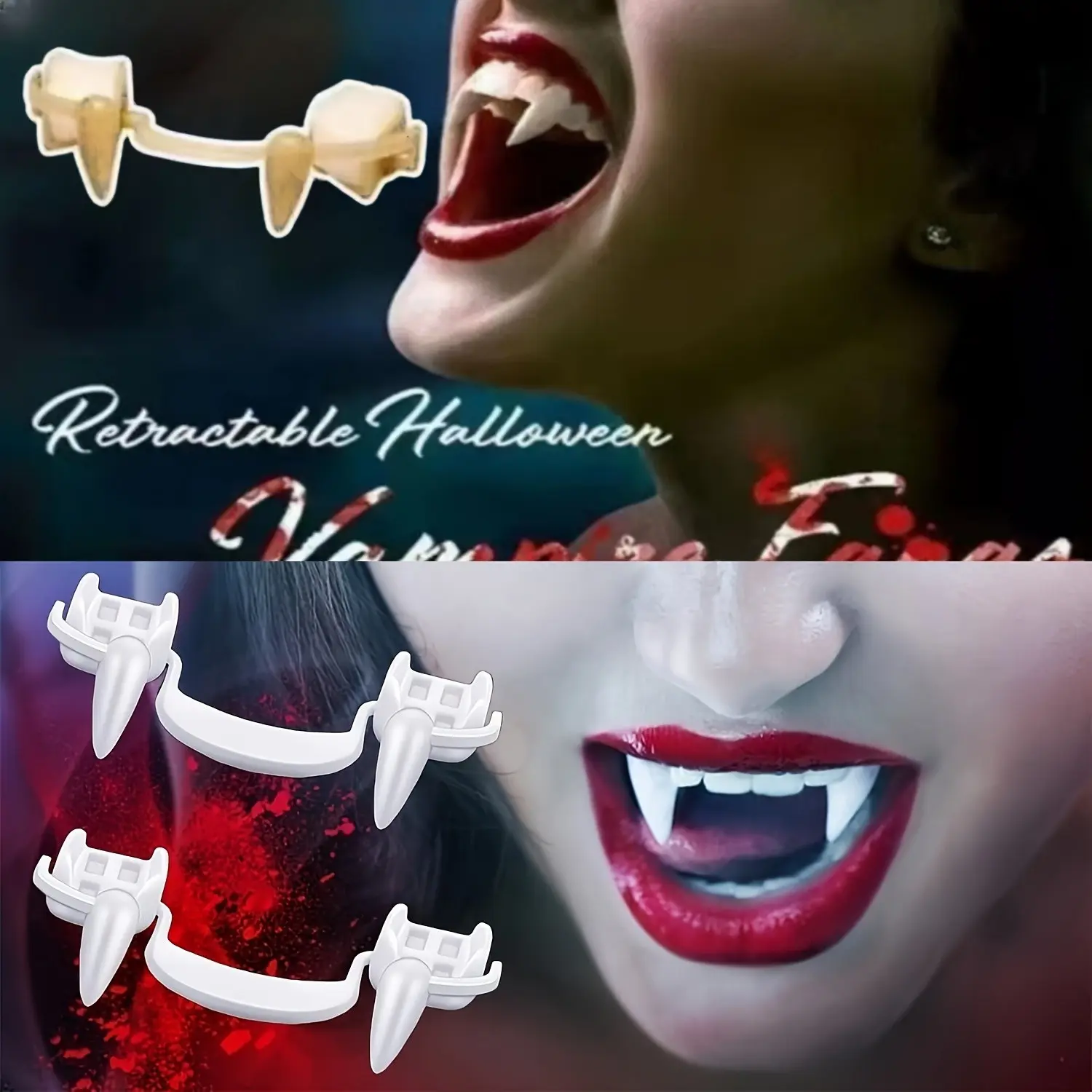 4pcs Retractable Realistic Vampire Zombie Fangs, Won't Scratch Gums, Reusable Creepy Fake Teeth Holder, a Scary Prop for Halloween Costumes