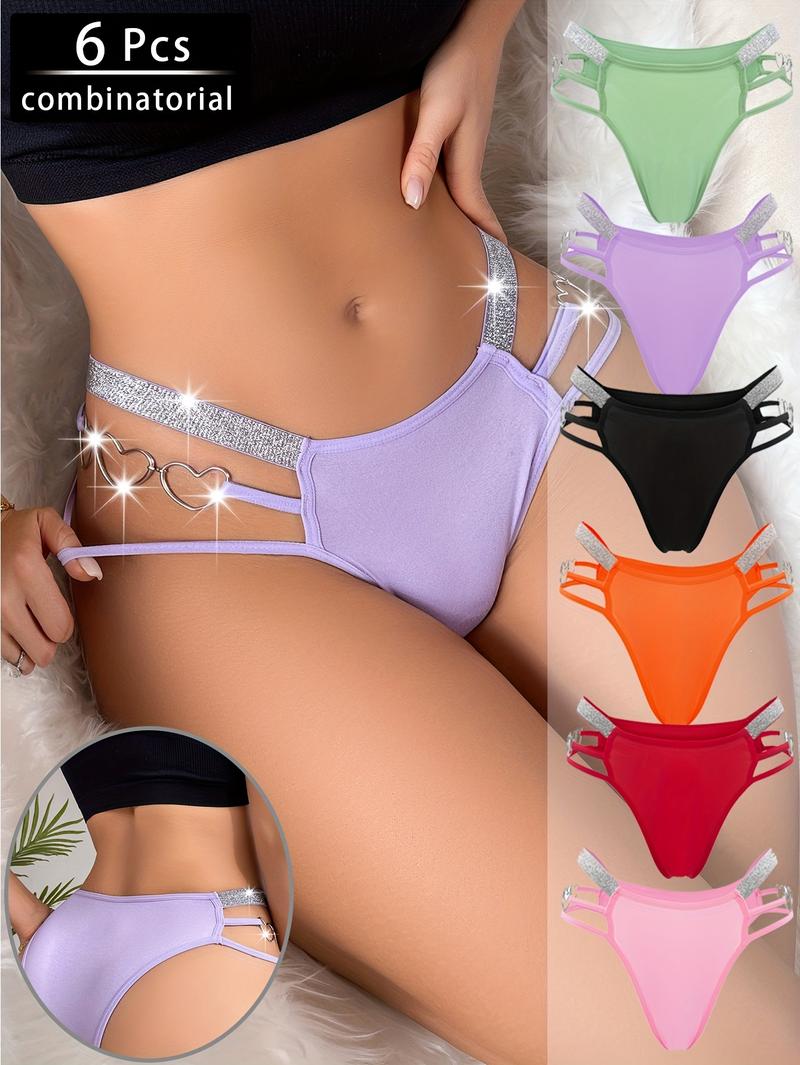 6 Pack Women's Sexy Heart-Shaped Chain Bikini Panties - Mixed Colors, Fashionable Soft Breathable Nylon Blend, Mature Elegant Low-Waist Design, Suitable for Parties and Romantic Dates Swim Knicker