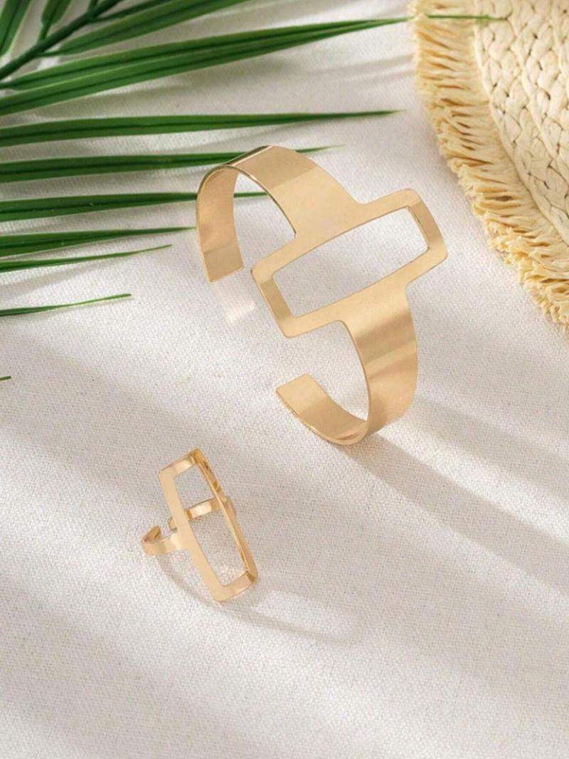 Fashion Simple Geometric Square Design Jewelry Set, Hollow Out Ring & Bracelet, Fashion Jewelry for Party, Daily Clothing Decor, Trendy All-match & Exquisite Jewelry for Birthday Gift, Elegant Jewelry Set