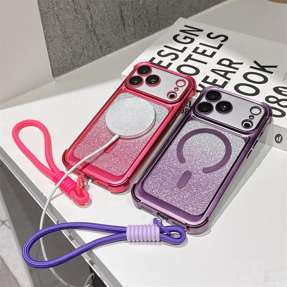 Luxury Wrist Strap Glitter Lanyard Phone Case For iPhone 17 Air 16 15 14 13 Pro Max For Magsafe Wireless Charging Armor Cover