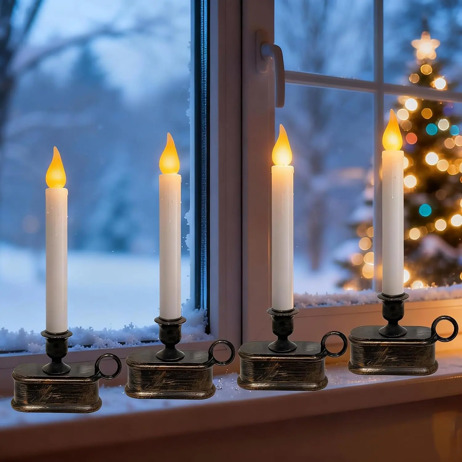 4 Pack Christmas LED Candle Lamps with Sensor, 10Inch  Operated Window Candles with Flickering Flame for Indoor Bedroom Christmas Decoration with Bronze Plated Holder