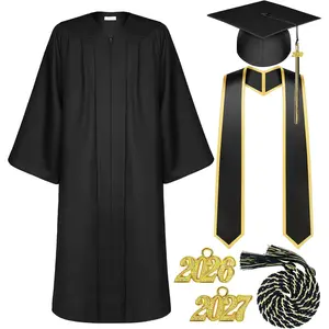 Unisex Adult Graduation Gown Cap Tassel Set Matte Uniforms 2026 Charms Cord and Stole for College High School Graduate