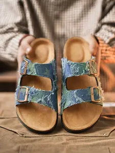 Vintage Worn Denim Two-Buckle Cork Sandals, Soft Cushioned Footbed, Durable Wear-Resistant Sole, Unisex Indoor Outdoor Use