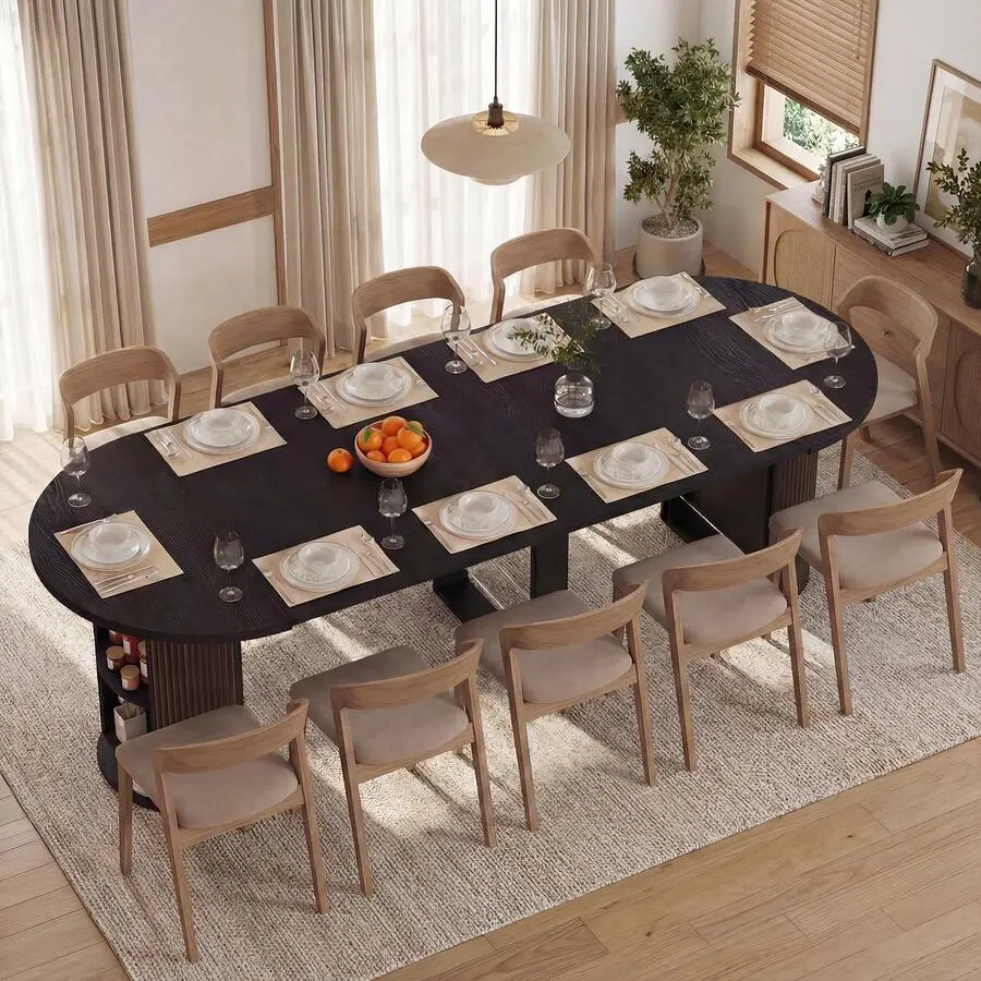 Oval Shape Extendable Dining Table - MDF Wood, 2-12 Seats, 38"-110" Space-Saving Folding Table with Locking Panels, Storage, Fluted Base, Easy Installation for Dining Room, Parties