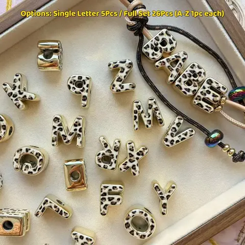 26 Letters/5PCS Double Sided Gold Electroplated Leopard Print Acrylic Beads, Y2K Aesthetic, Large Horizontal Hole DIY Craft Supplies for Phone Chain, Bag Charm, Bracelet Necklace & Holiday Gift Making