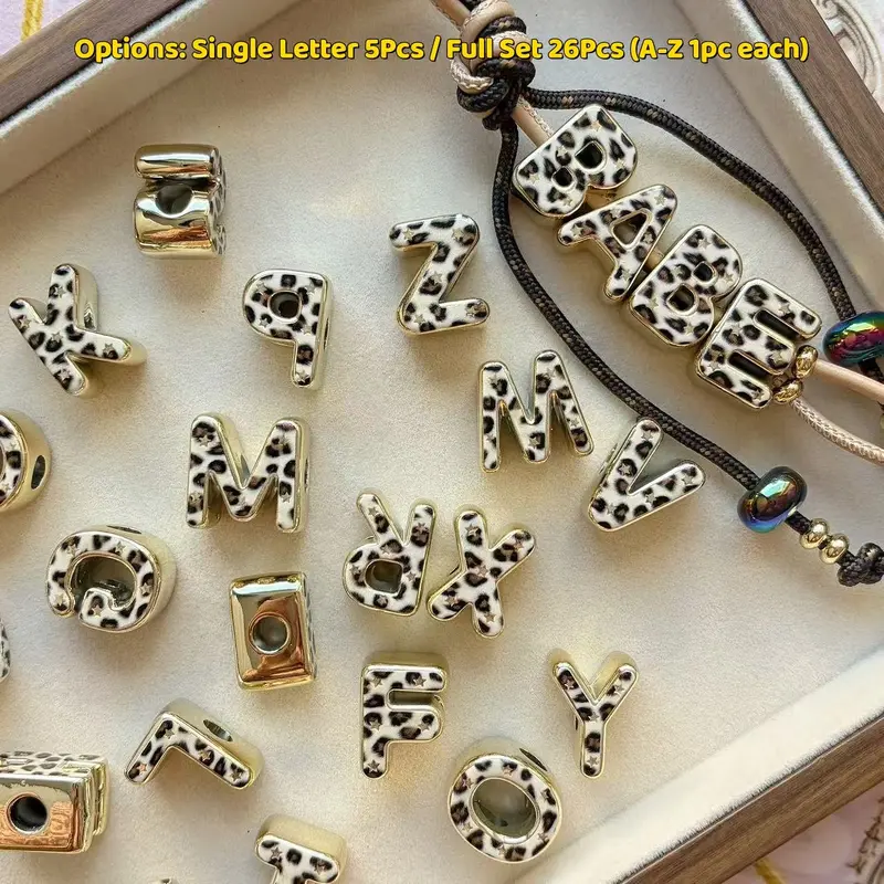 26 Letters/5PCS Double Sided Gold Electroplated Leopard Print Acrylic Beads, Y2K Aesthetic, Large Horizontal Hole DIY Craft Supplies for Phone Chain, Bag Charm, Bracelet Necklace & Holiday Gift Making