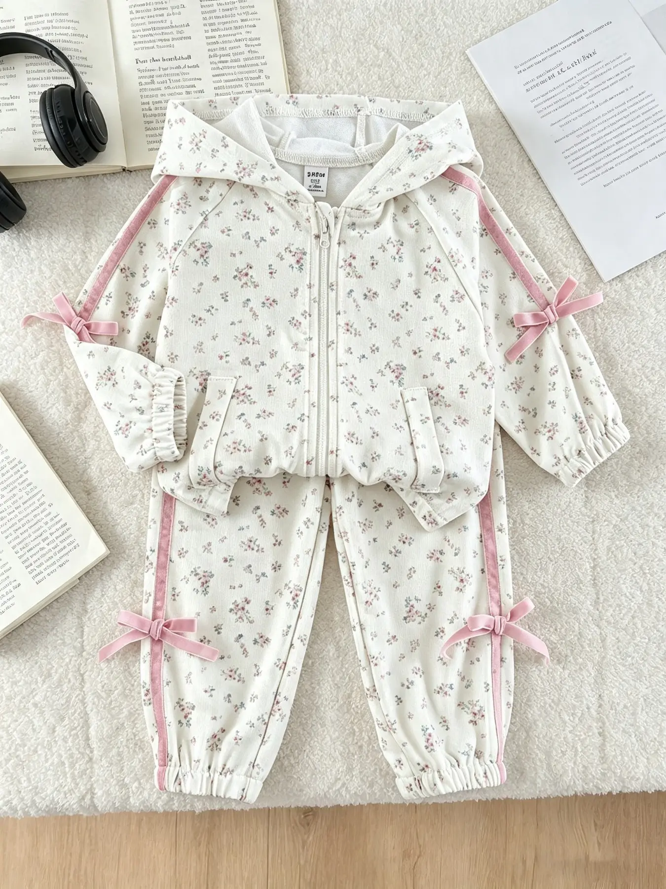 Two-Piece Baby Girl Set, Soft Spring Fall, Butterfly Print Hooded Zipper Sweatshirt & Pants, Stylish Kids Clothing