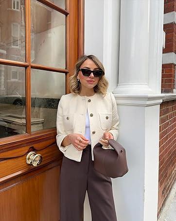 Women's Tweed Blazers Long Sleeve Business Button Down Casual Cropped Blazer Jackets with Pockets Women's Tweed Blazers Long Sleeve Business Button Down Casual Cropped Blazer Jackets with Pockets