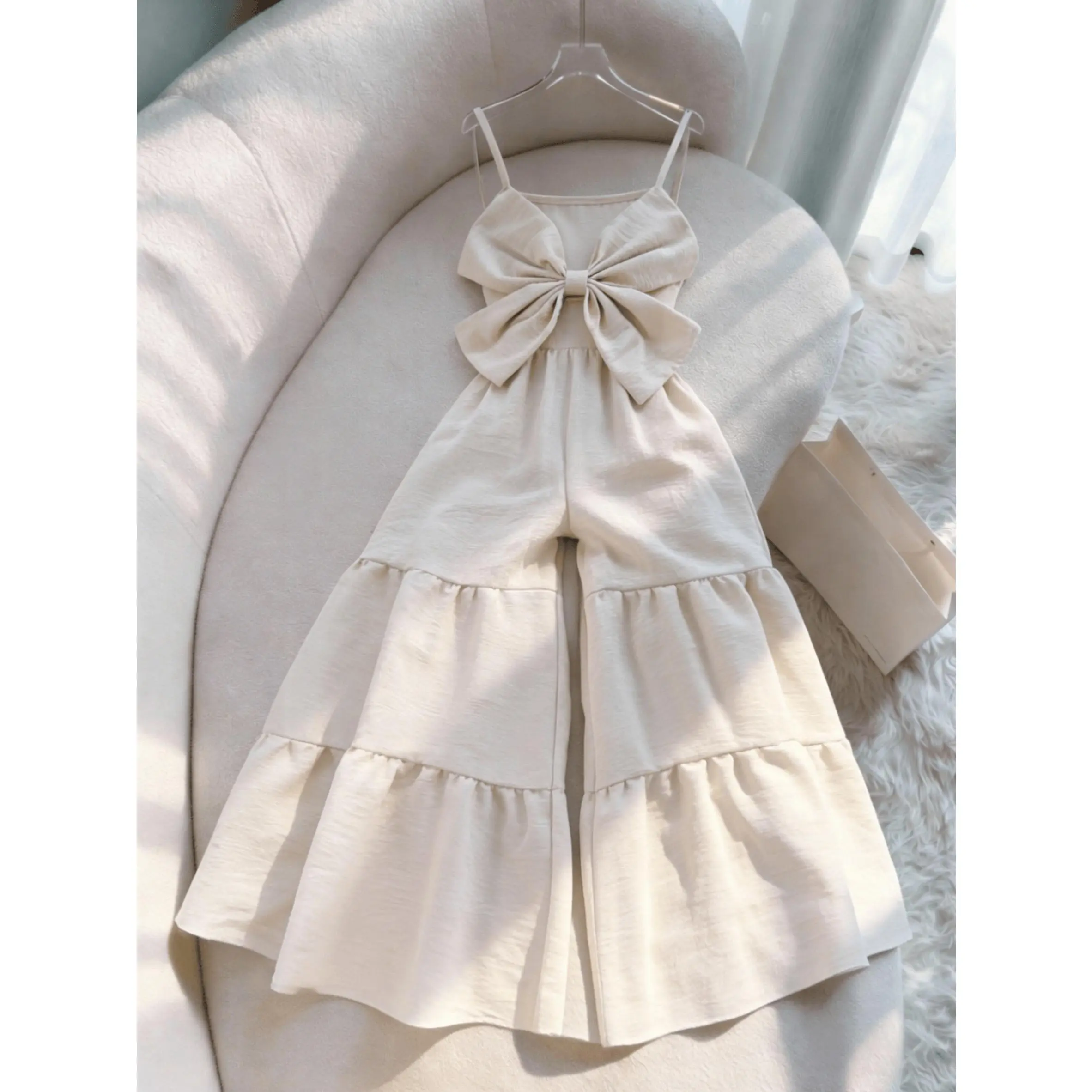 8-12Y Girls' Summer Camisole Jumpsuit with Thin Straps + Large Bow Design, Wide-Leg Patchwork Ruffle Jumpsuit, New SS26 Fashion, Soft Summer Romper, SS26 Trend, Summer Apparel, Wrap Romper, Summer Wear, Perfect for Outdoor