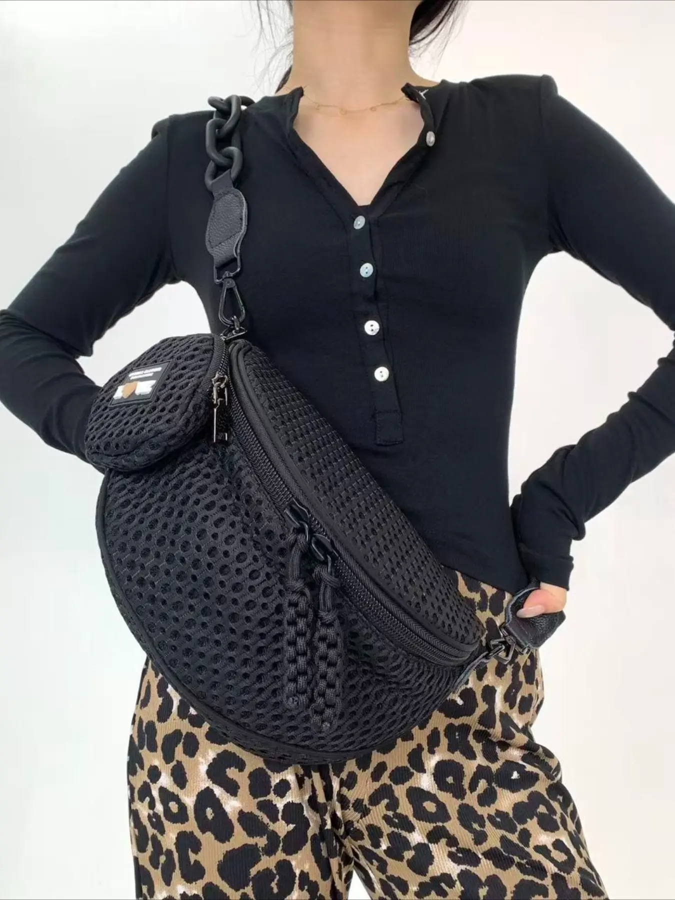 Ladies' fashionable mesh lightweight chest bag, carrying a coin purse, semi-circular casual sports running crossbody bag, multi zipper large capacity daily use portable wide shoulder strap bag