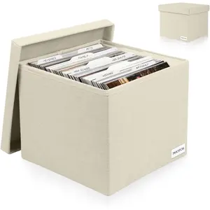 Decorative Photo Storage Box - Linen Photo Box Organizers with Dividers, Holds Up to 800 8x10 inch Photos, Portable Scrapbook Storage Containers with Lid (Beige)
