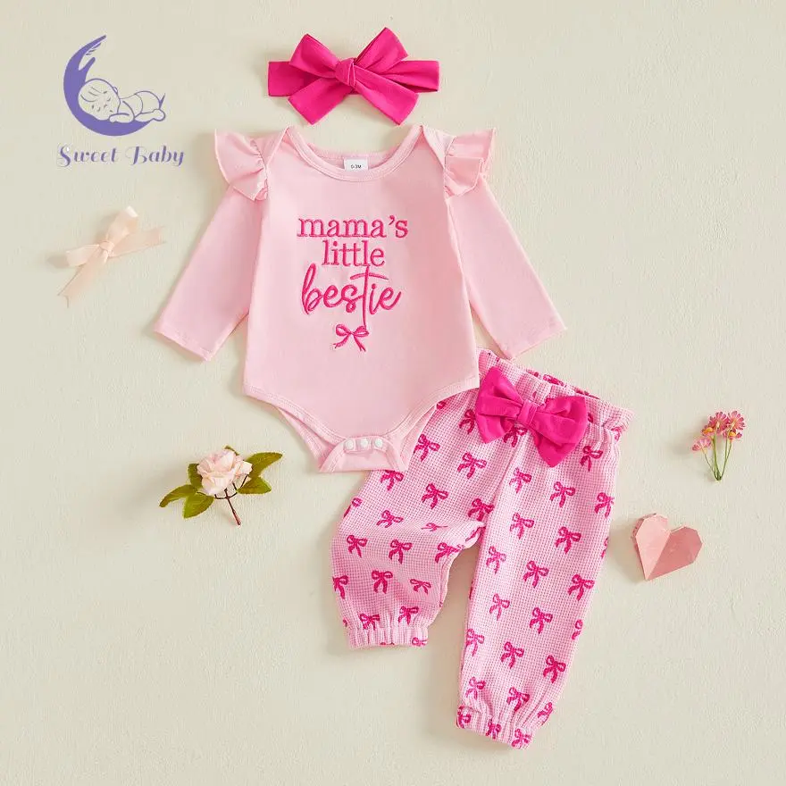 Baby Girl Fall Outfit Crew Neck Long Sleeve Romper Pants& Bow Headband 3Pcs