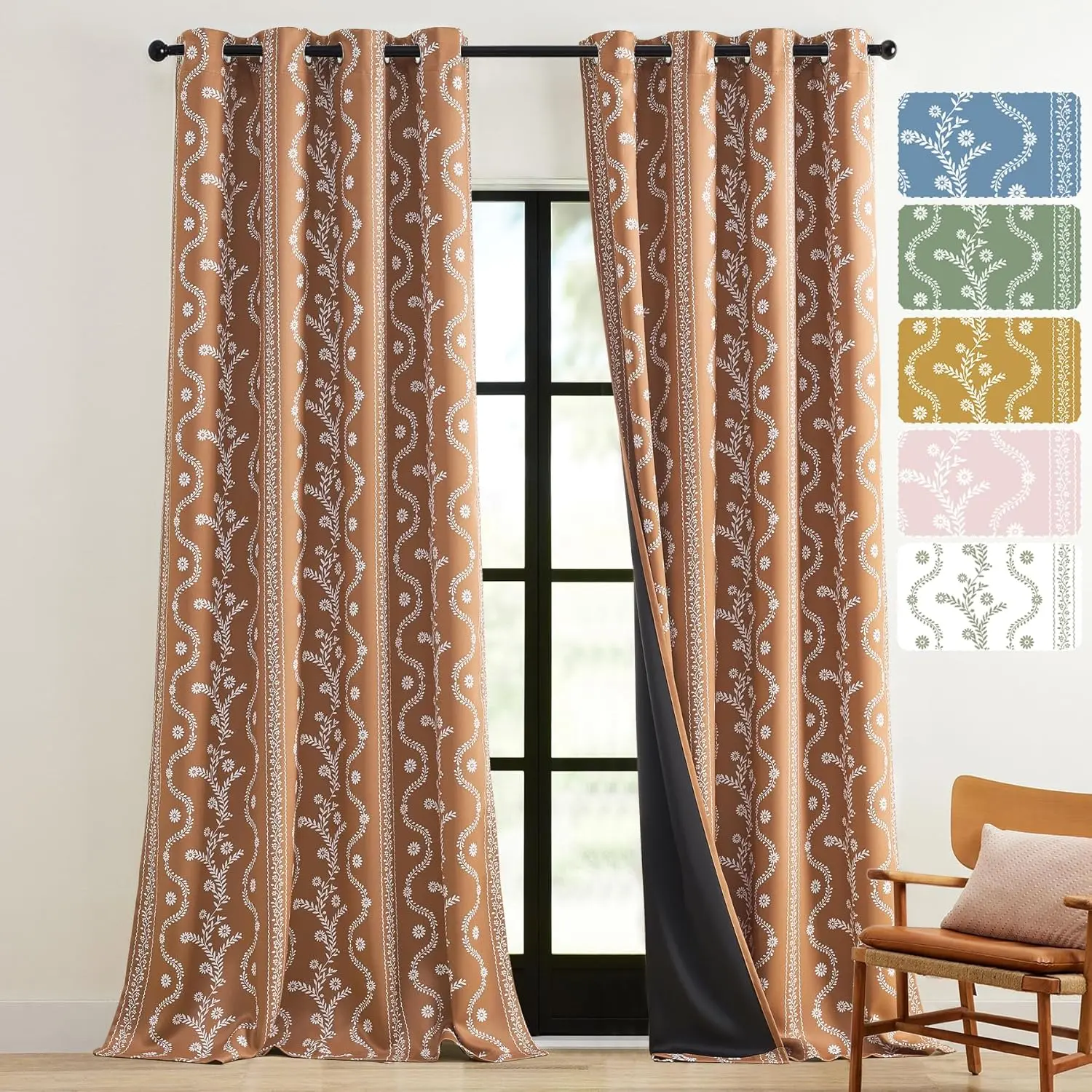 Bohemian Blackout Curtains 2 Panels - Grommet Top Triple-Layered Polyester Drapes with Botanical Floral Print, Terracotta-Burnt Orange, Thermal Block for Bedroom/Living Room Windows