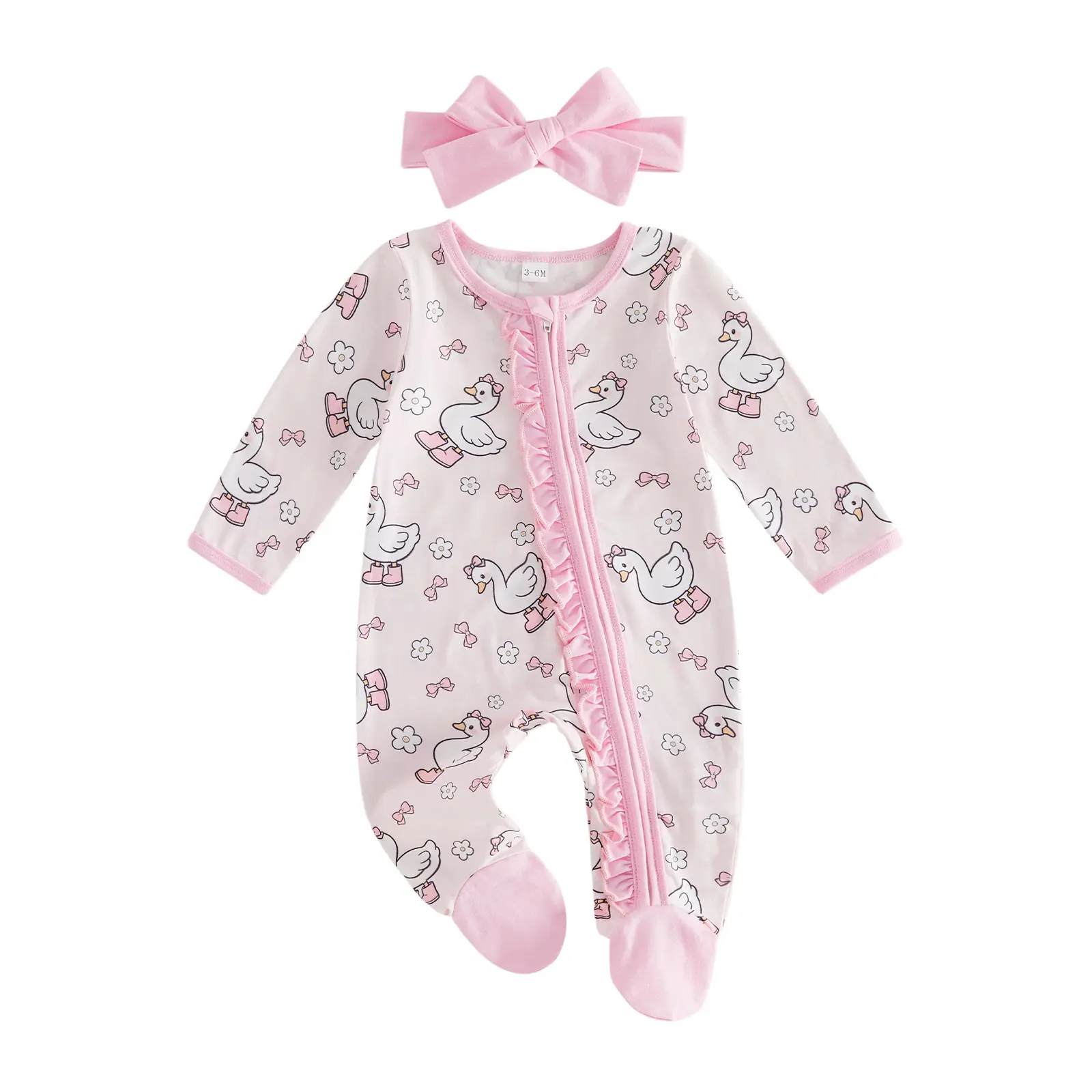 Canrulo Newborn Baby Girl Clothes Duck Flower Bow Print Ruffle Zipper Up Plaid Long Sleeve Footie Romper Onesie Bow Headband Set