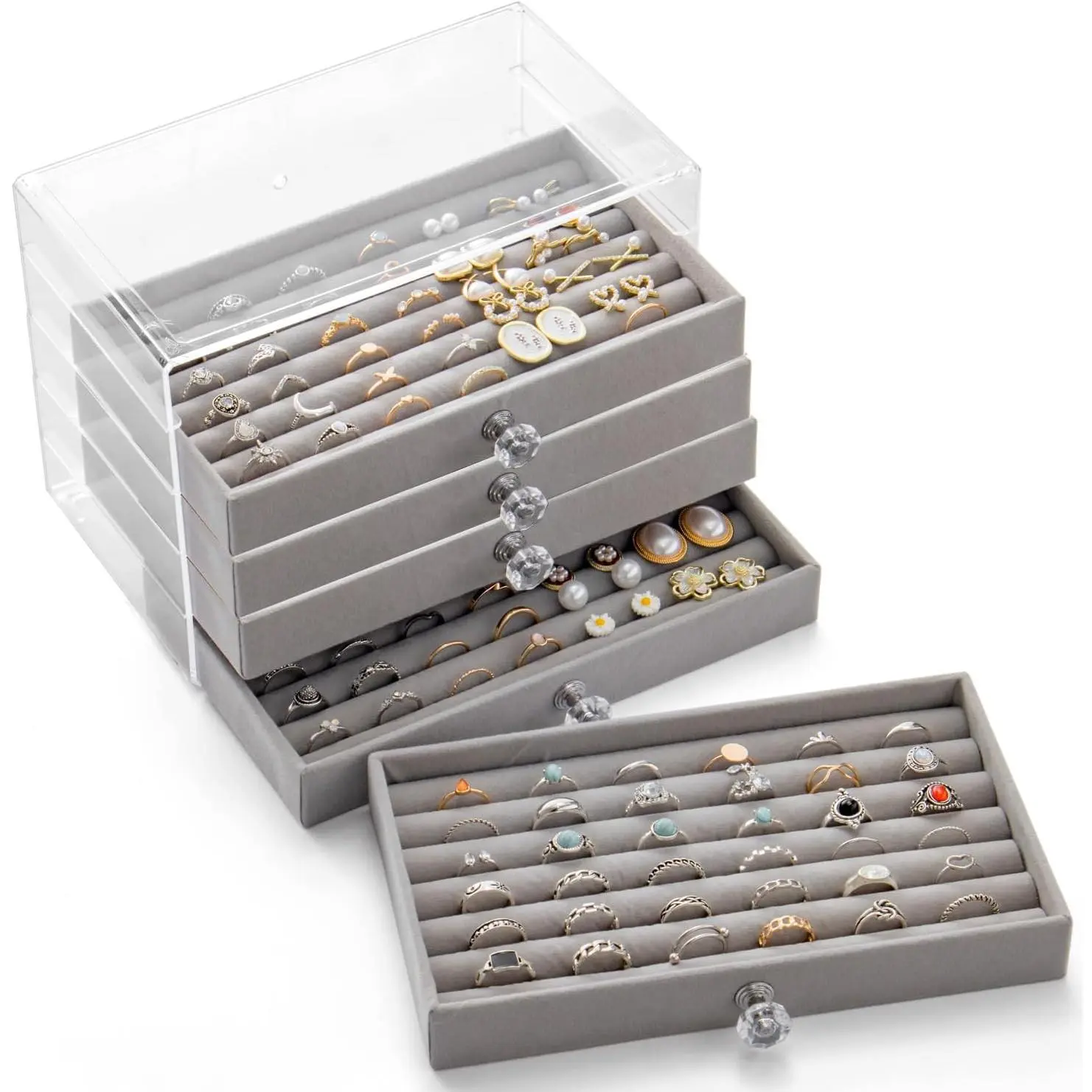 Ring Box Display Holder, Clear Velvet Jewelry Storage Tray Organizer for Ring Stud Earring (Grey - 5 Drawers)