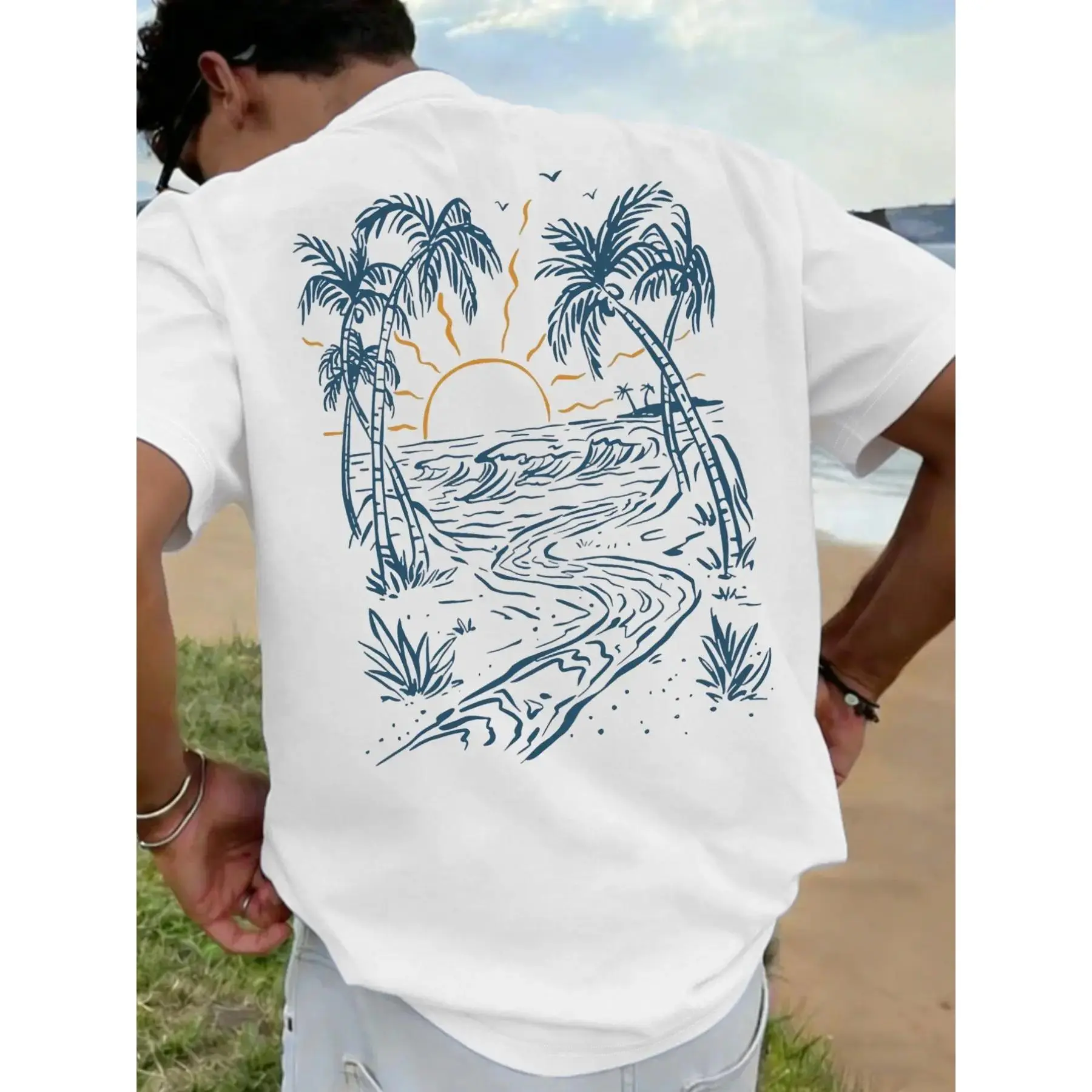 Men's Summer Tropical Sunset Beach Landscape Graphic Print Casual Short Sleeve T-Shirt, Casual Summer Tees, Loose Comfortable Breathable Outdoor Wear, Fitted Style, Casual Summer Clothing, Menswear