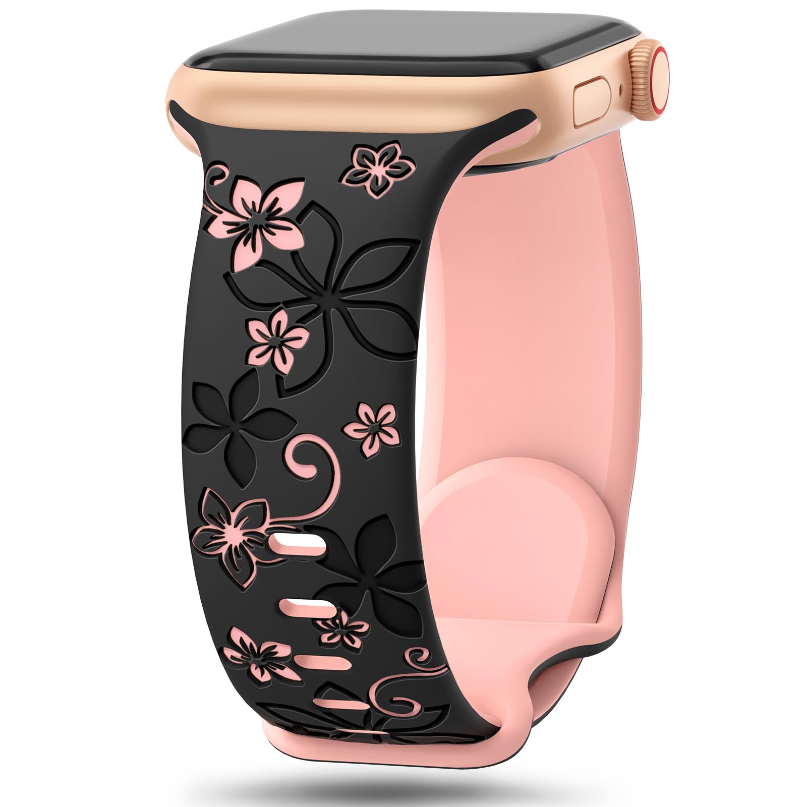 Floral Engraved Strap For Apple Watch Band 46mm 41mm 40mm 44mm 45mm 42mm 49mm Silicone Sport iWatch Series 11 10 SE 9 8 Ultra 2