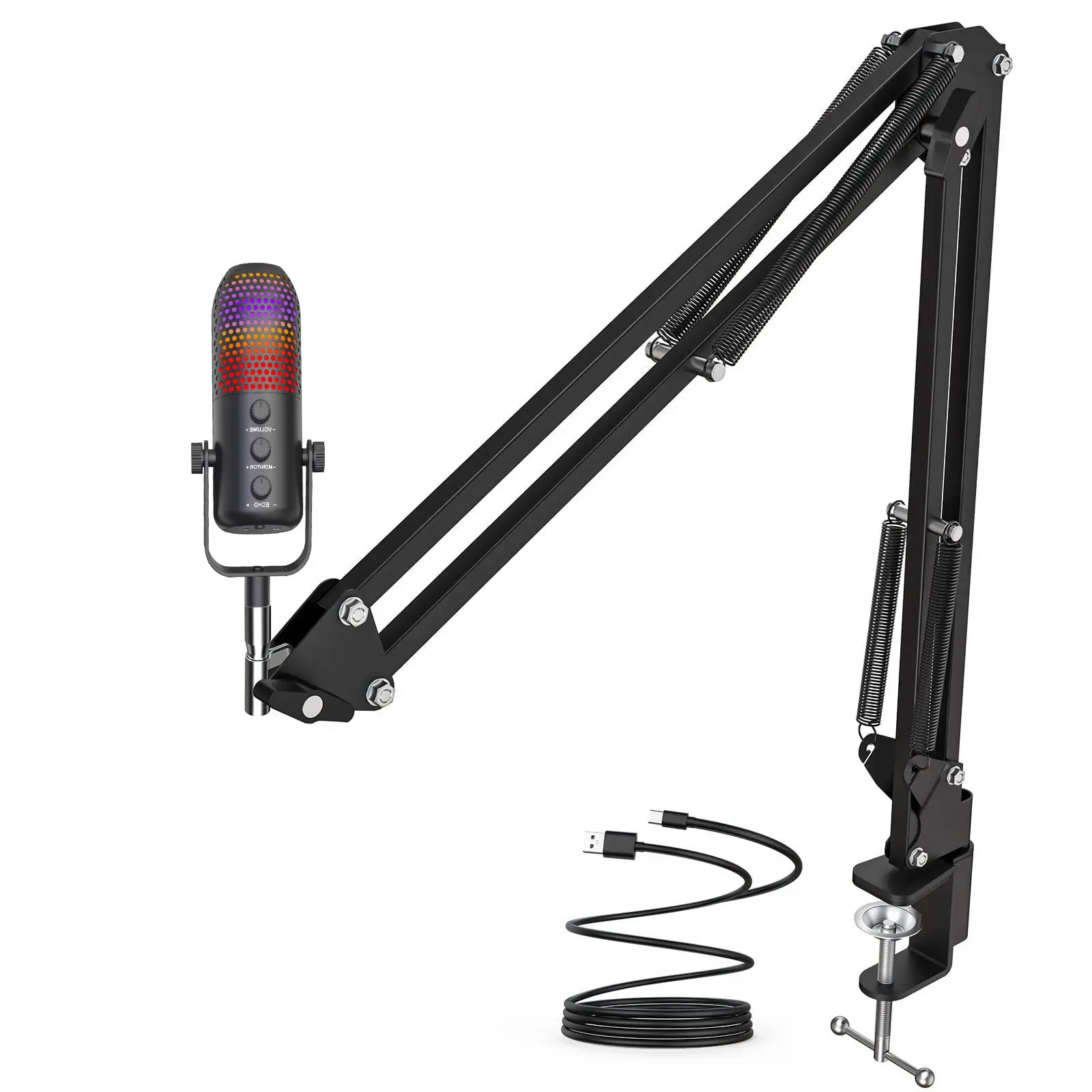 Dynamic Gaming Microphone XLR/USB Mic with Noise Cancellation | Boom Arm Set, RGB, Tap Mute,Gain Control, Microfono for Content Creators, Black