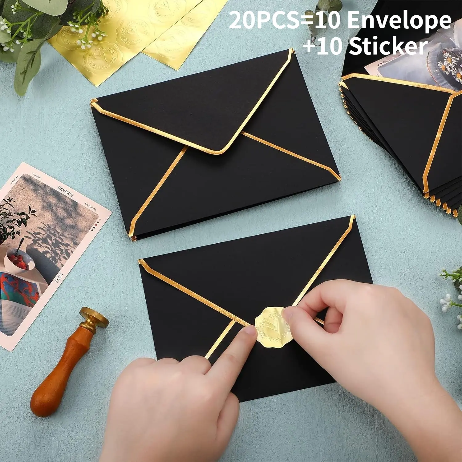 20pcs Including 10 Envelopes + 10 Stickers, Simple Western-Style Golden Foil Edged Greeting Card Envelopes, Suitable for Weddings, Birthday Parties, Christmas, Halloween, Valentine's Day, and Business Invitations
