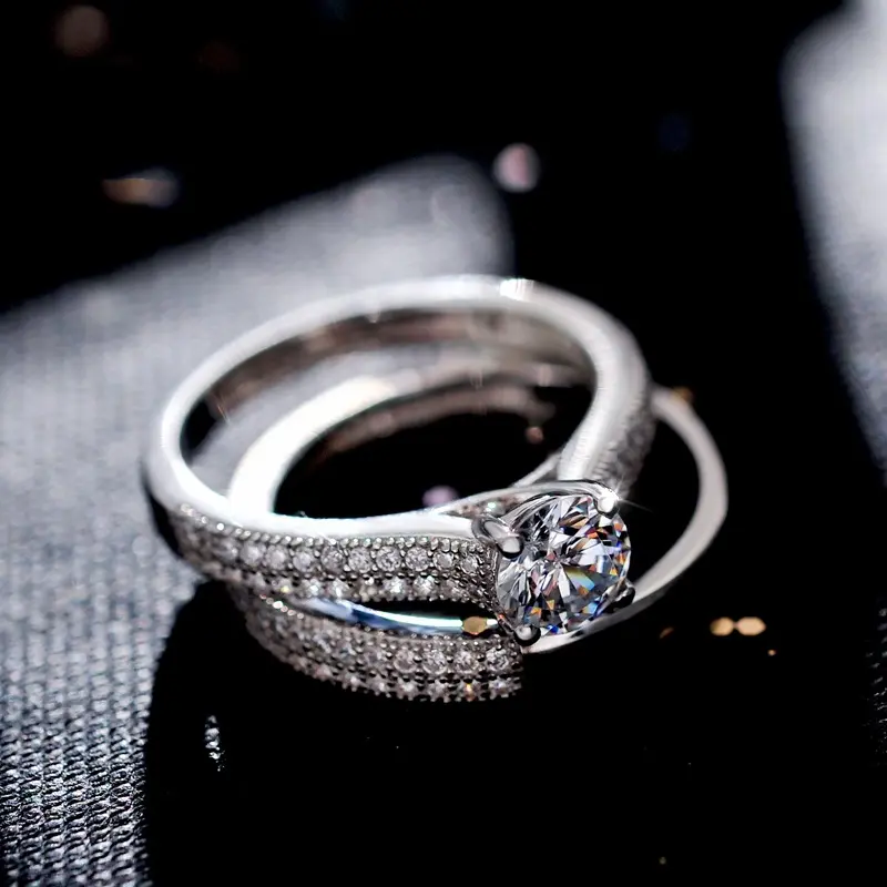 Micro Pave CZ Bridal Ring Set – Stackable Engagement & Wedding Band, Rhodium Plated Proposal Promise Ring, Anniversary Jewelry