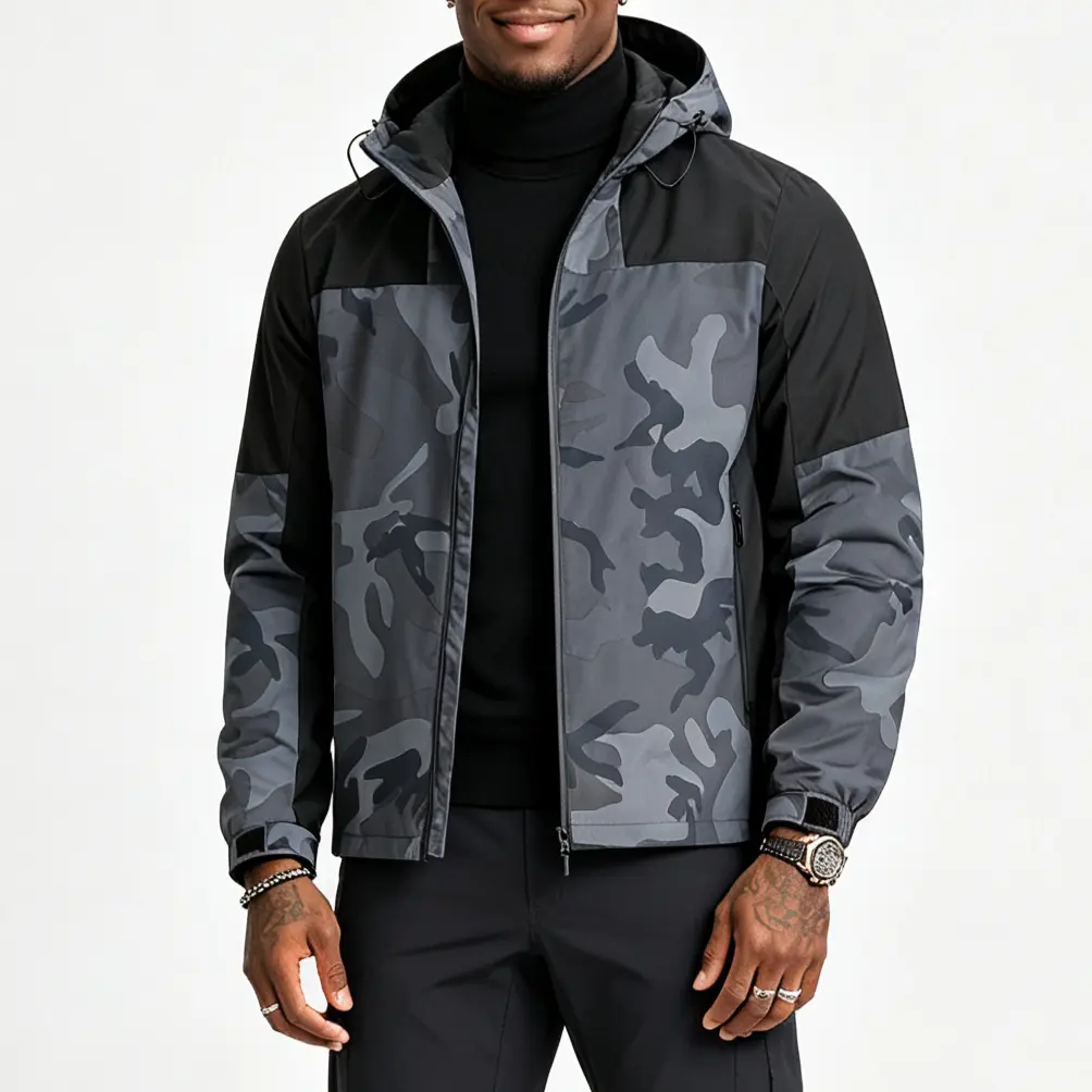 Men's Dark Camo Color-Block Hooded Jacket, Full Zip Windproof Water-Repellent Jacket, Drawstring Adjustable Hood, Zipper Side Pockets, Cuff Adjustment Feature, Lightweight Loose Fit Outerwear, Sturdy Outerwear for Hiking Camping Trekking, Daily Commuting.