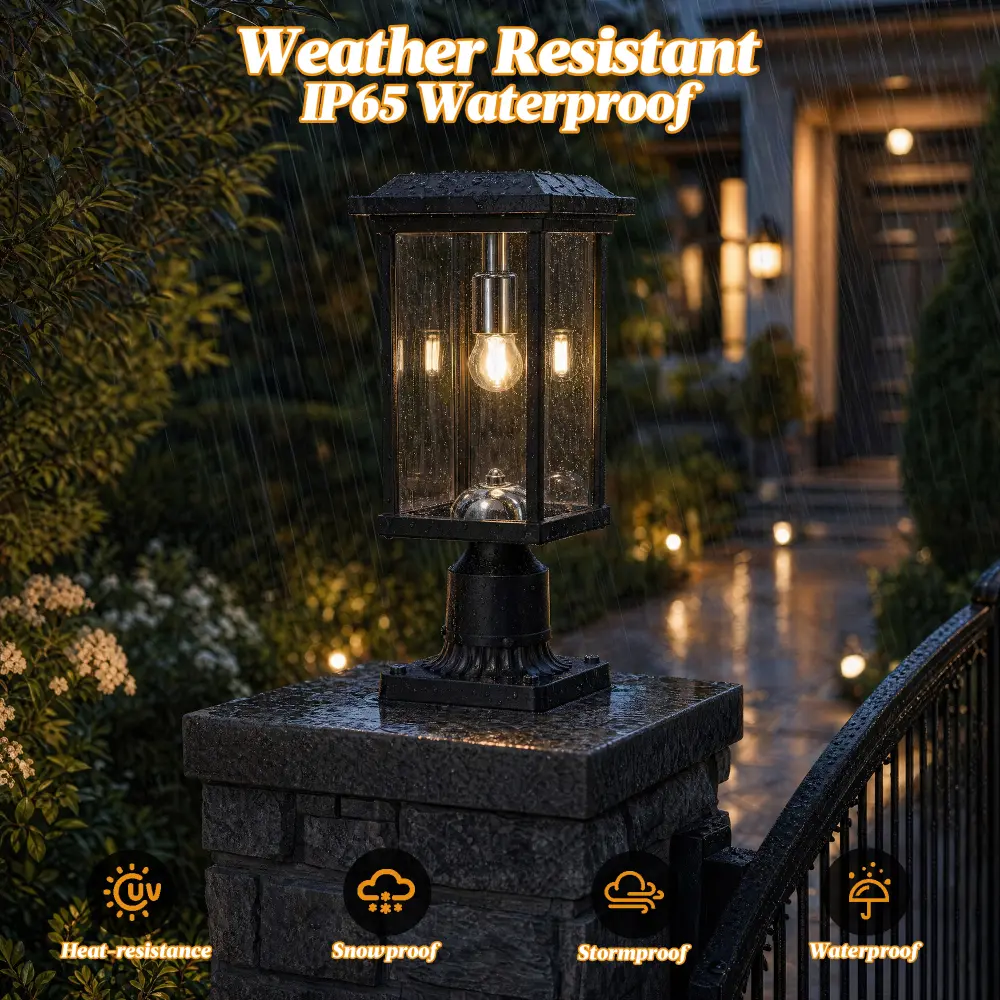 Dusk to Dawn Outdoor Post Lights with Pier Mount Base, Black Waterproof Exterior Pillar Light Fixture, Anti-Rust Aluminum Garden Lamp, Hardwired Outdoor Pole Lantern for Patio, Pathway, Driveway, Yard, Porch, Landscape Lighting, Modern Farmhouse Outdoor D
