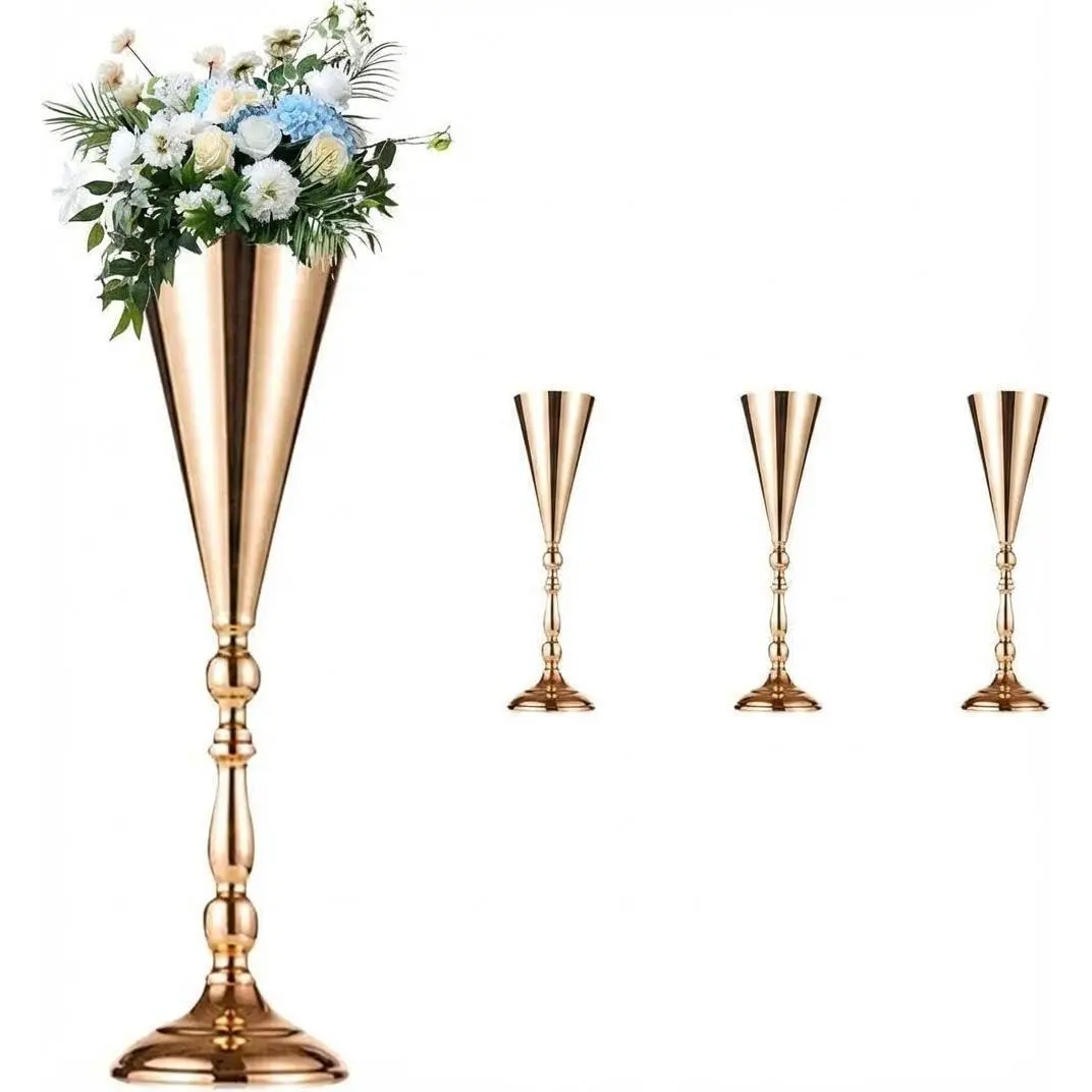 4PC Metal Trumpet Vase Centerpiece – 16.5 Inch Tall Zinc Alloy Flower Stand & Crystal Candle Holder – Modern, Rust-Resistant Tabletop Decor