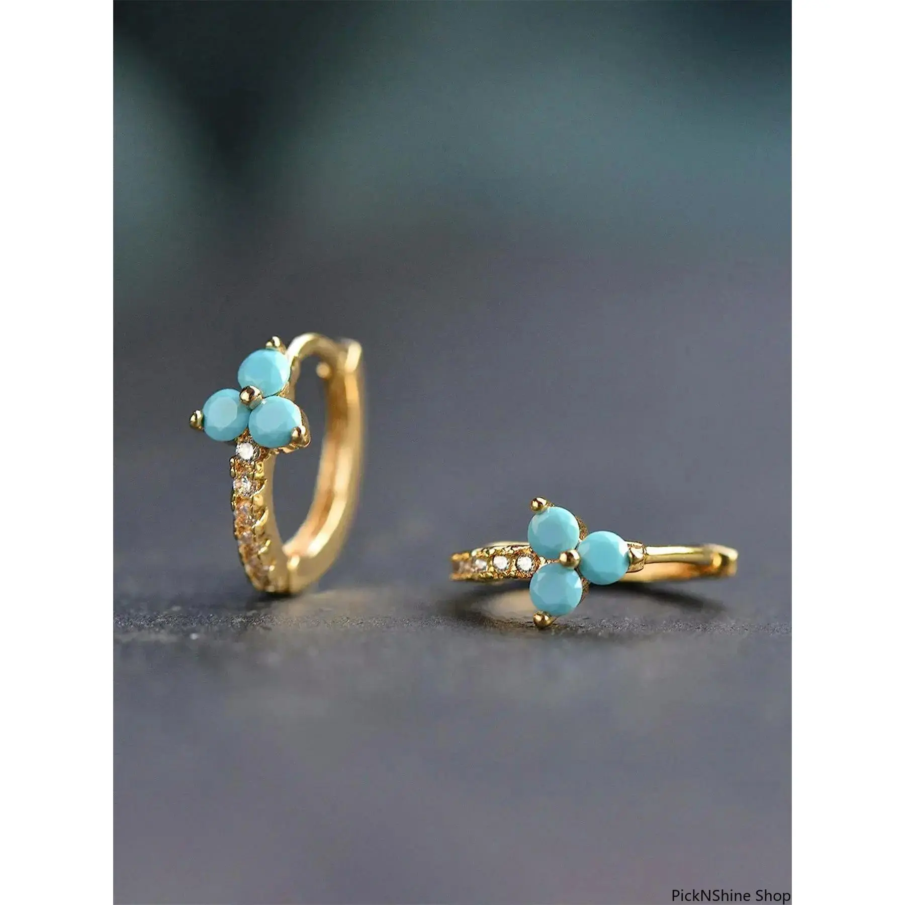 Vintage Huggie Hoops, Elegant Copper Hoop Shape Turquoise Jewelry for Women with Pave CZ Stones, Stylish All-Match Gift, Cz Stones Earrings, Hoop Shape Earrings