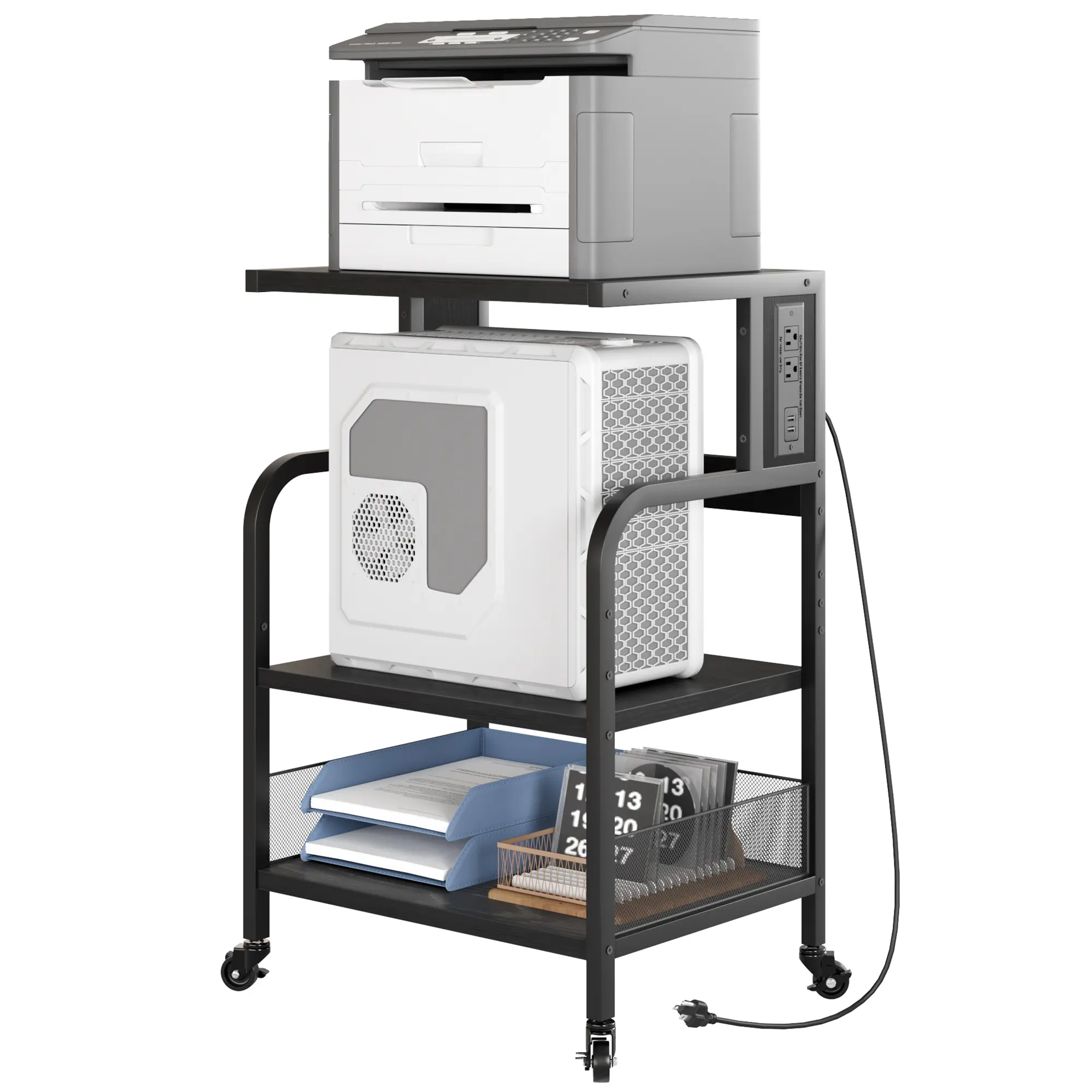 3-Tier Metal Printer Stand Organiser with Storage, Large Rolling Trolley with Charging Station, Adjustable Shelf, Wheels, Iron+PB Panel Racks, Assembly Kit for Office Home Use (Heat Press, Scanner, Fax), Power/Usb Ports