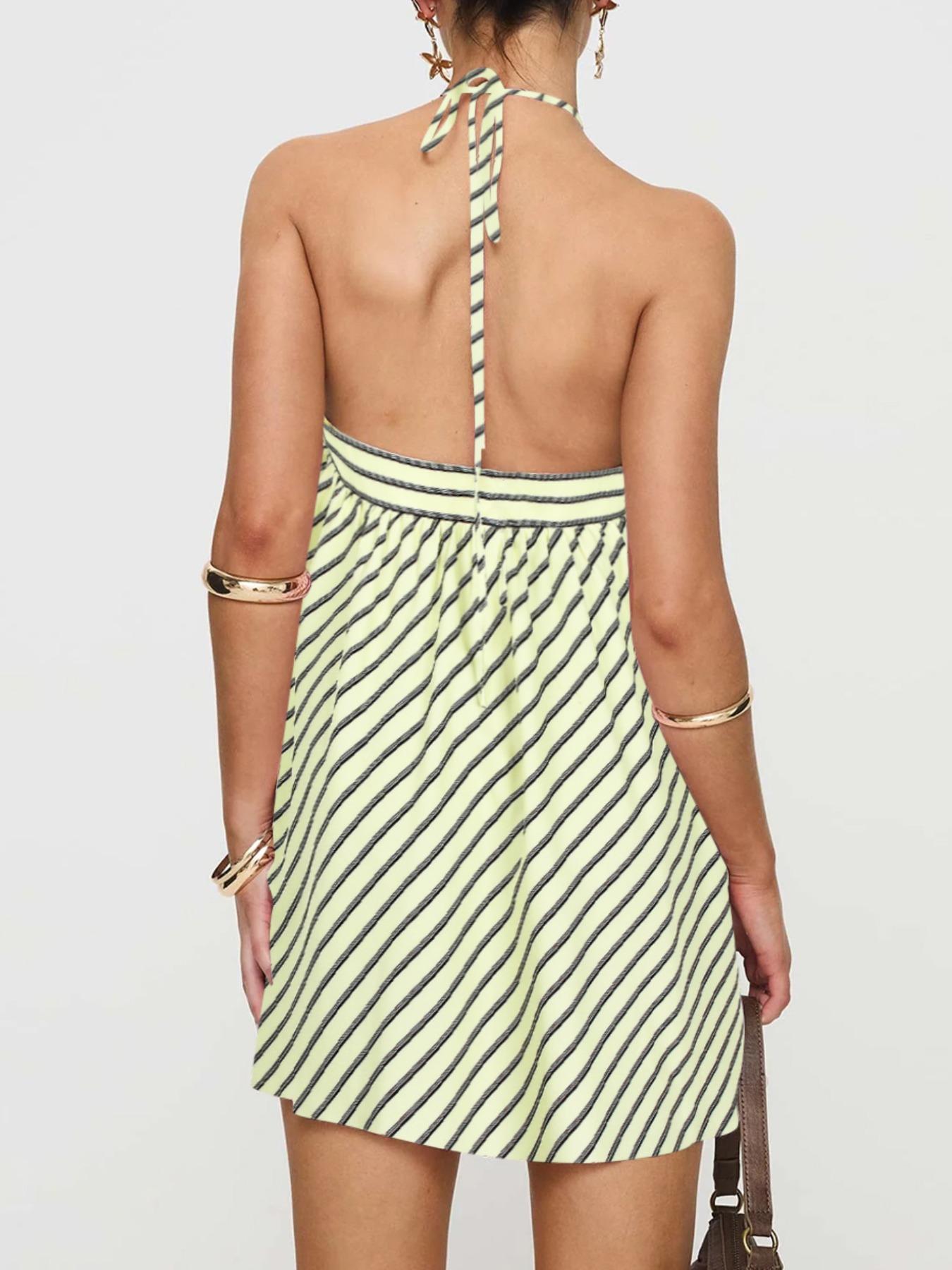 Women's Striped Print Halter Neck Dress, Bohemian Halter Dress, Casual Sleeveless Short Dress for Summer, Beach Holiday Dress, Ladies Clothes for Daily Wear