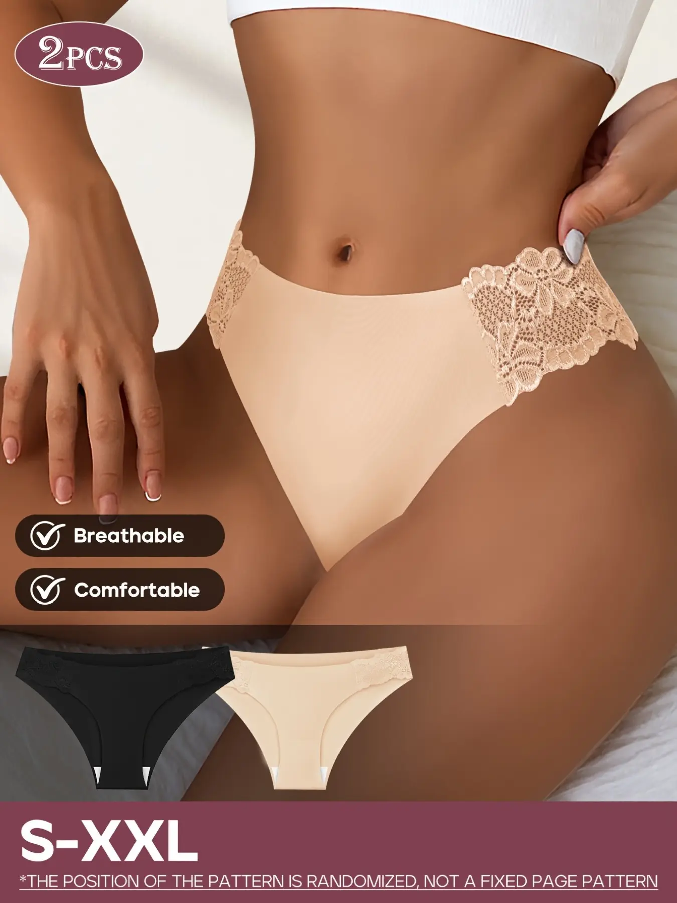 2-Pack Bikini Briefs for Women, Elegant Side Lace Design, Breathable Soft Fabric, High Waist Loose-Fit, Casual Style for All Seasons