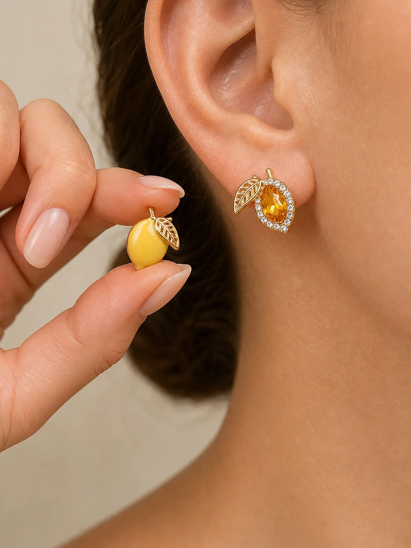 Asymmetrical Lemon Enamel Zircon Earrings, Sweet Fresh Ear Jewelry, Unique Design, Perfect for Daily Wear, Elegant Accessory
