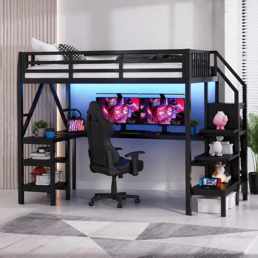 ARCH Furniture Kids-Friendly Full Size Metal Bed Frame with L-Shaped Desk, Wardrobe, LED Lights, USB Ports, Under Bed Storage, Powder-Coated Finish, 94.3 x 55.8 x 66.9 inches
