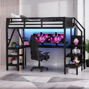 Kids-Friendly Full Size Metal Bed Frame with L-Shaped Desk, Wardrobe, LED Lights, USB Ports, Under Bed Storage, Powder-Coated Finish, 94.3 x 55.8 x 66.9 inches