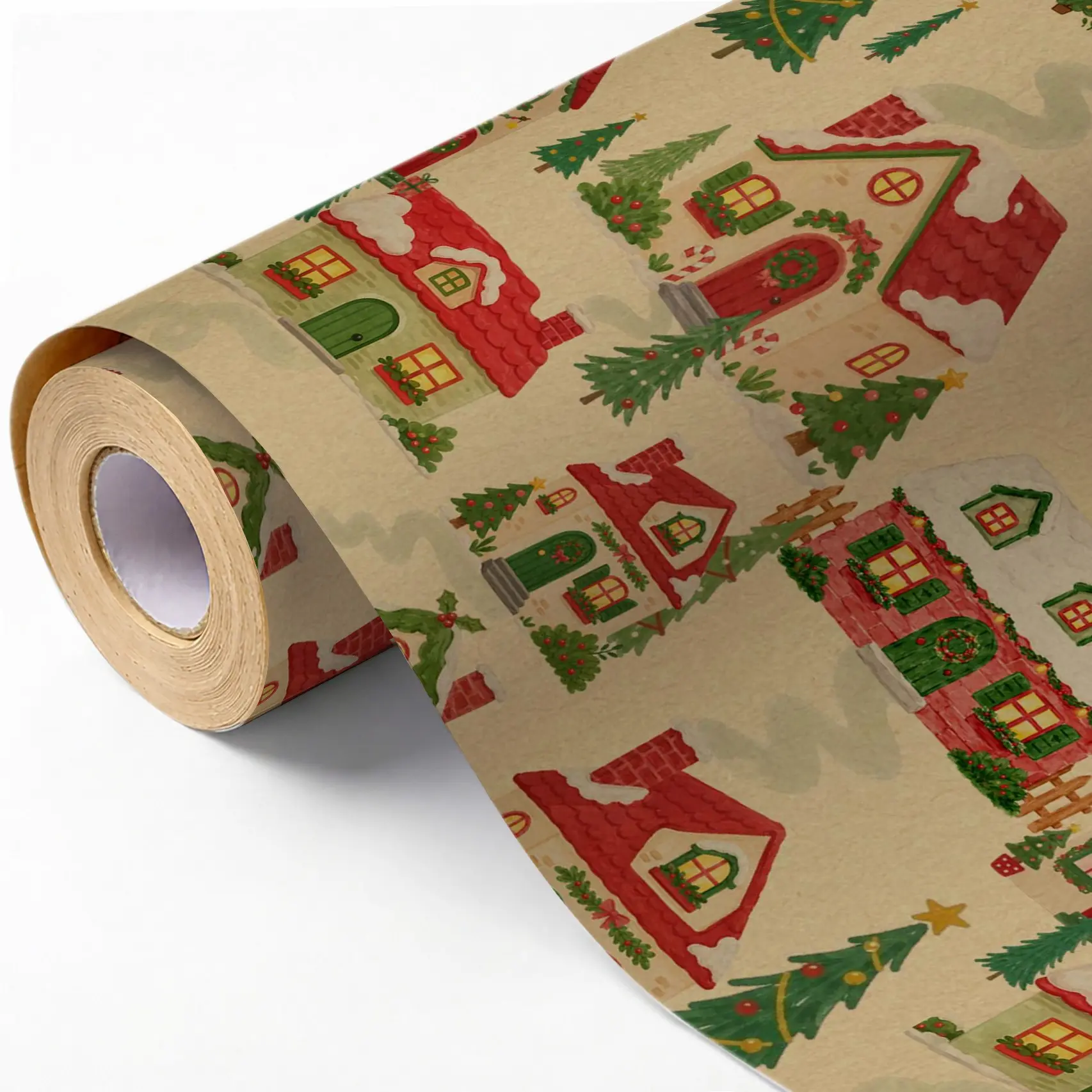Christmas Snow Village Kraft Paper Roll, 5m Vintage Holiday Gift Wrapping Paper, Bouquet Box DIY Craft Decoration Paper