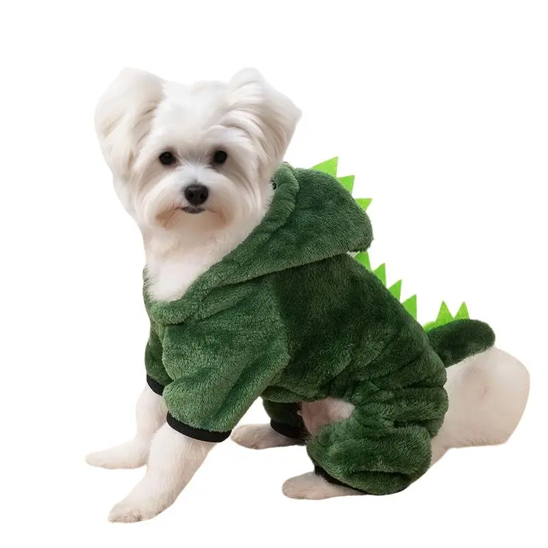 Funny Dinosaur Dog Costume Fleece Pajamas, Winter Warm Soft Coral Velvet Pet Onesie for Small Medium Dogs Cats, Stretchy Tummy No-Choke Puppy Jumpsuit Hoodie Apparel with Tail