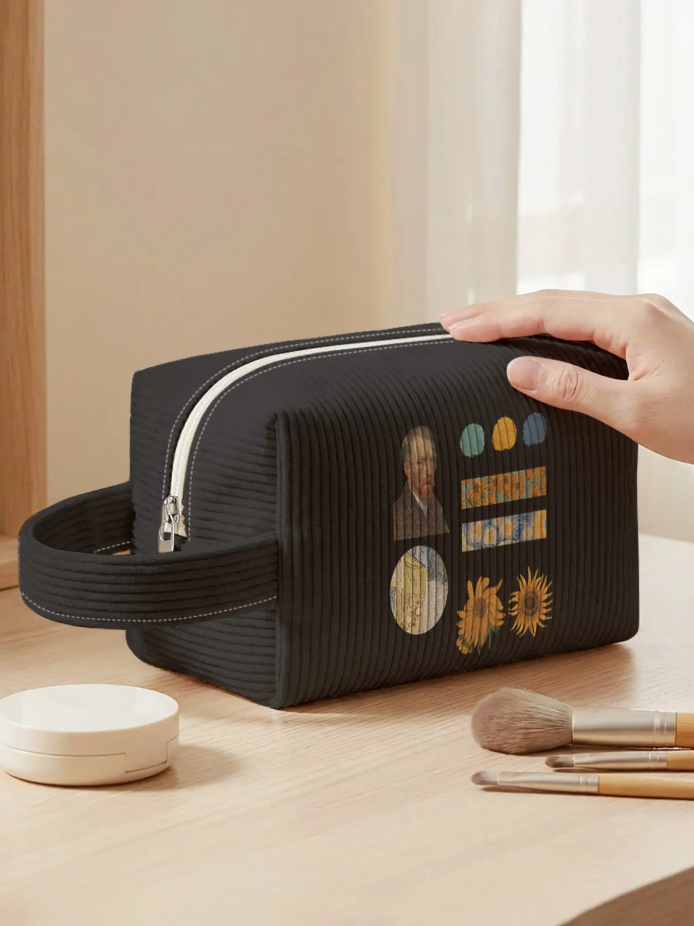1pc, makeup bag Van Gogh element artistic 2D printed pattern Linen fabric handbag for makeup, reinforced handle + smooth zipper | Stores makeup / toiletries | Versatile for daily outings