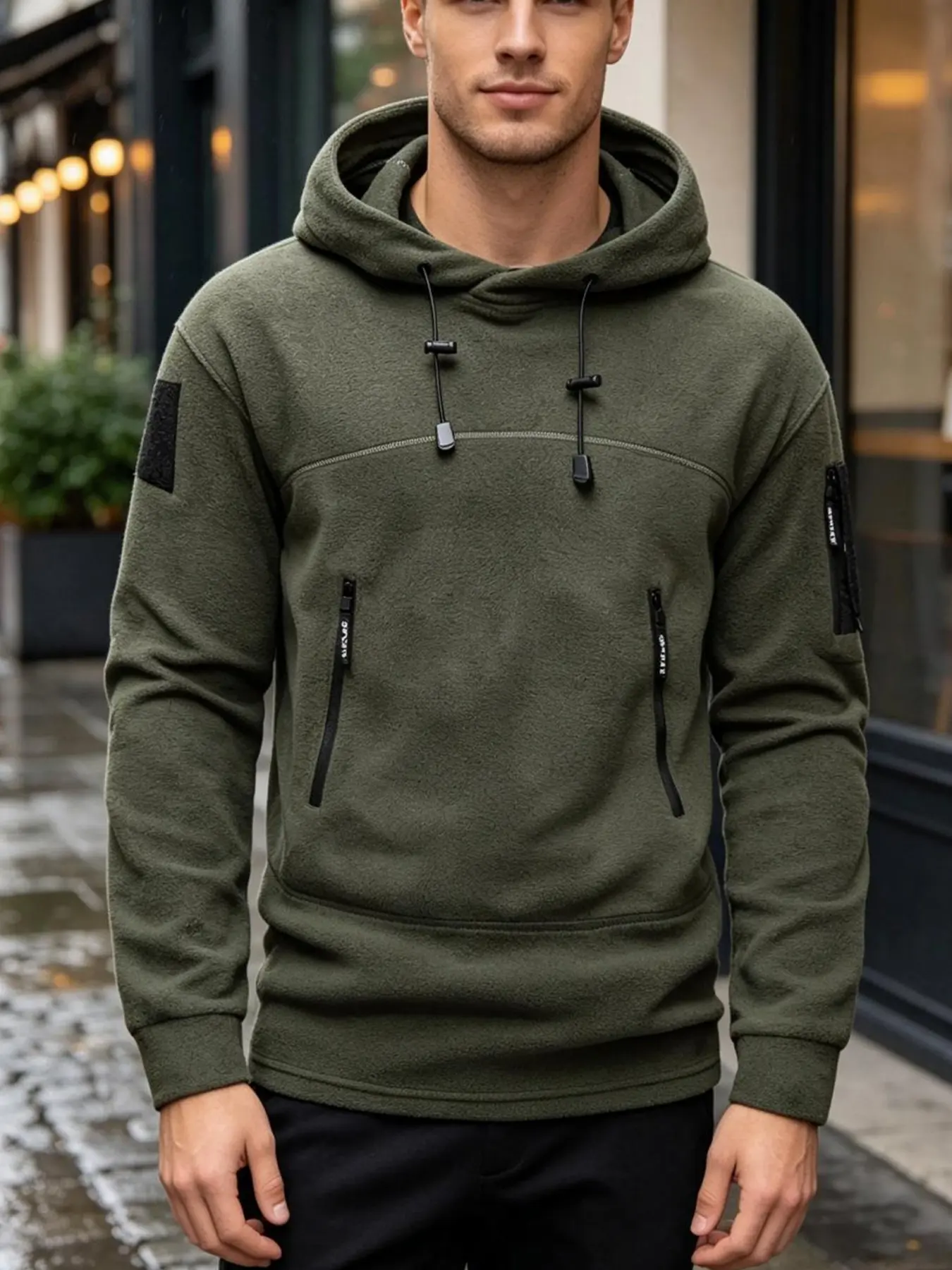 Autumn and winter men's outdoor hooded sweater, pure color fleece sweater