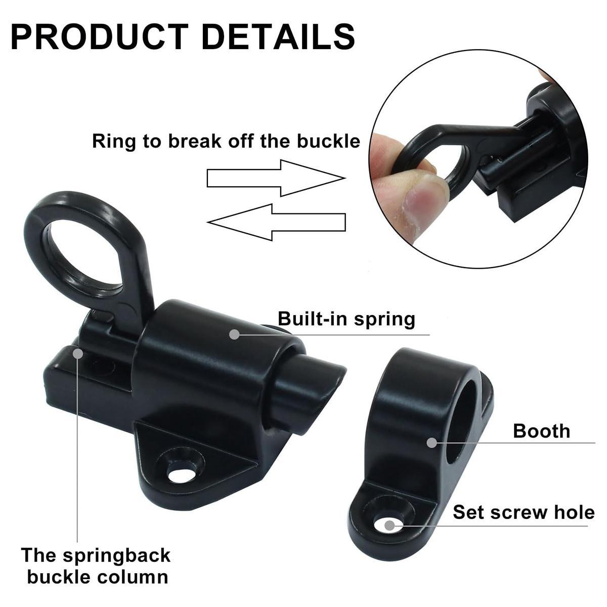 2 Packs Self-Closing Latches，Black Spring Door Lock，Resilient Bolt Latch Aluminum Alloy Safety Automatic Spring Barrel Slide Door Lock with Screws,Used for Gate,Window and Cabinet etc