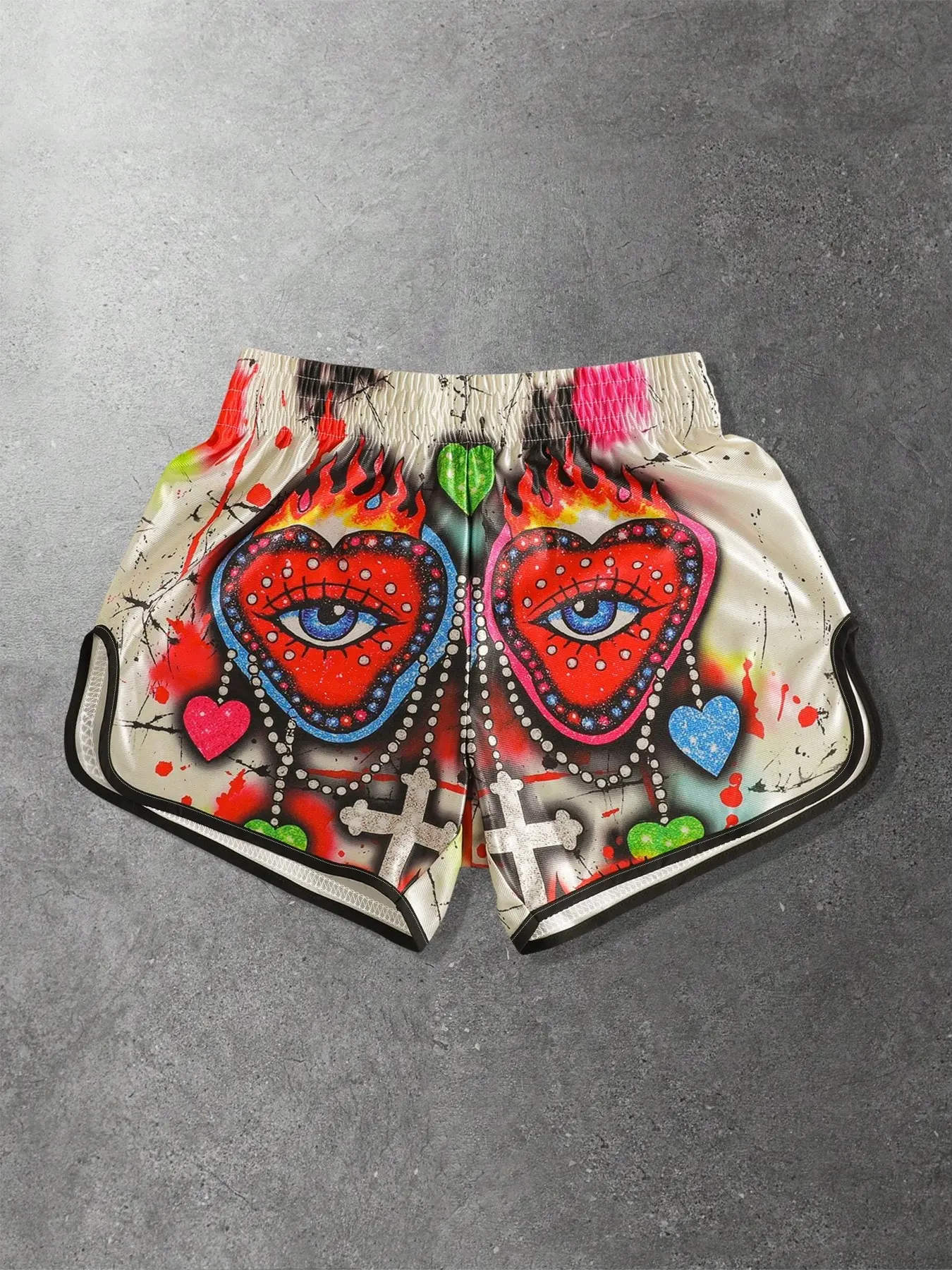 Y2K Dark Gothic Evil Eye Heart Graffiti Muay Thai Shorts, Subculture Flame Heart Printed Boxing Shorts, Unisex Streetwear Shorts, Ideal for Music Festival, Street Shooting, Sports Training, Summer Travel, Daily Casual Outfits, Holiday & Birthday Gift