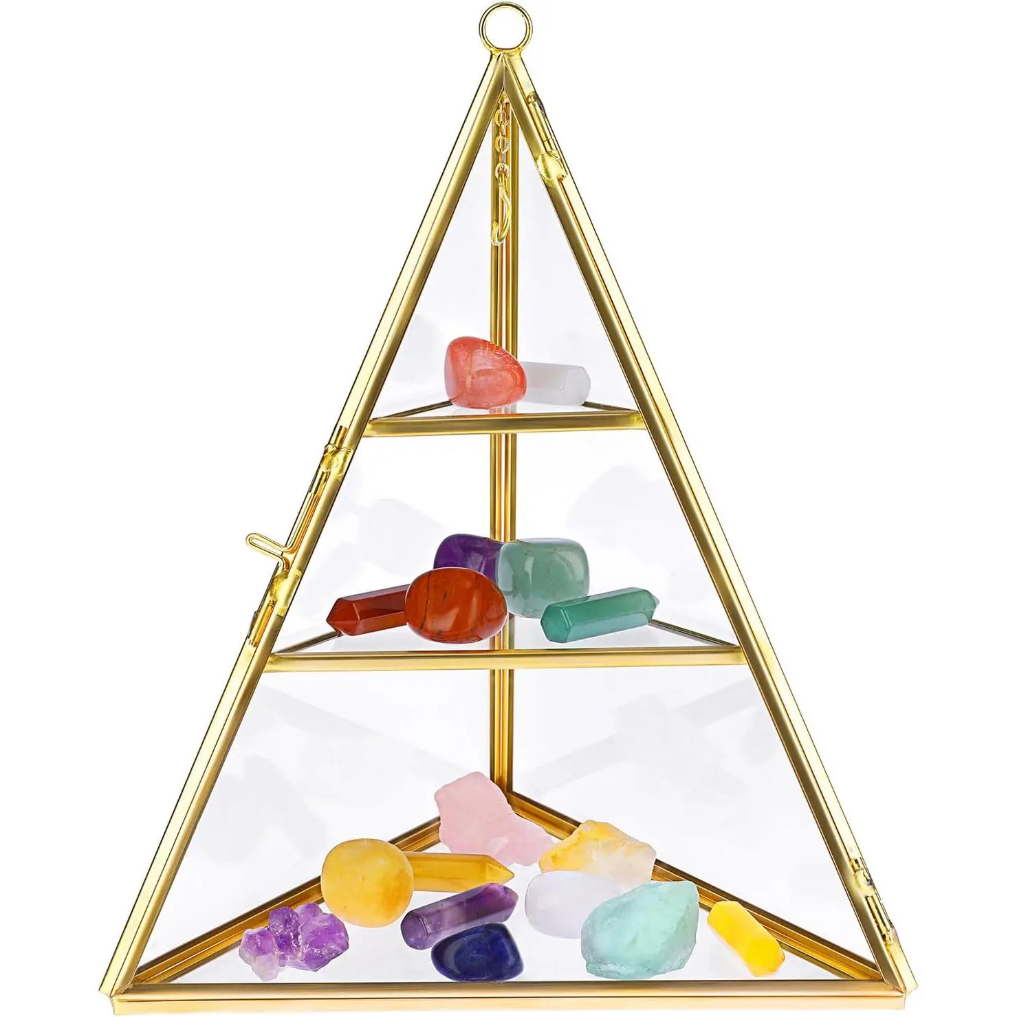 3 Tier Glass Display Case for Collectibles, Triangular  Display Shelf,  Holder Decorative Display Tray for   Stones Marbles,  Metal  Display Stand