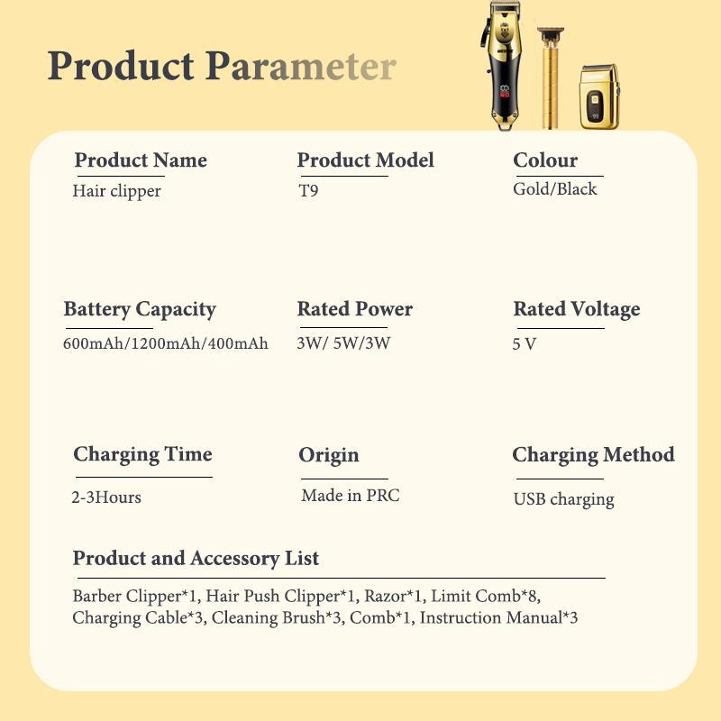 Electric Multifunctional Hair Trimmer Kit, Professional Cordless Hair Clippers and T-Blade Trimmer Combo for Men with LED Display, Barber Equipment Set