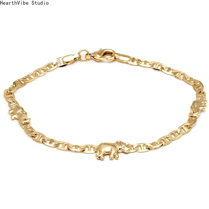 18K Gold Plated Elephant Anklet for Women, Bling Flat Marina Link Chain Bracelet, Cute Animal Good Luck Foot Jewelry for Girls, Waterproof Adjustable Summer Beach Footwear Accessories, Birthday Gift