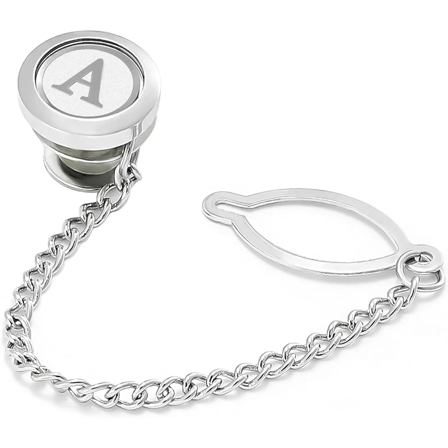 Men's Tie Clip, with Chain, Round Silver, Customizable for Weddings, Business, Initials AZ Tie Clip, Gift (A), Male, Initial Letter, Keeps Ties Neat