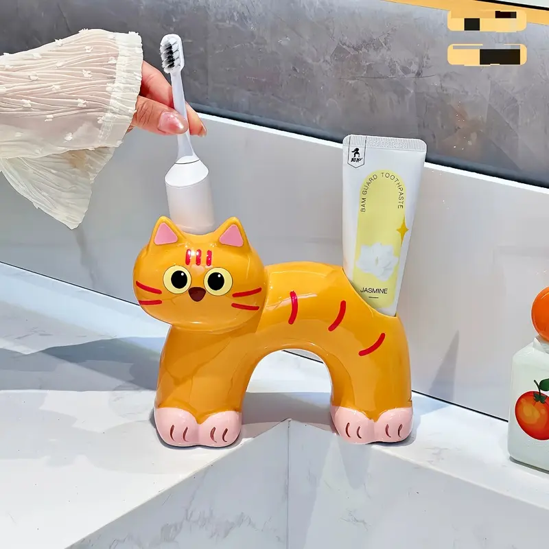 Cute Orange Tabby Cat Ceramic Toothbrush Holder, Multifunctional Double-Slot Toothpaste And Electric Toothbrush Organizer, Durable And Easy-To-Clean Bathroom Countertop Storage Rack, Cute Cartoon Animal Decoration