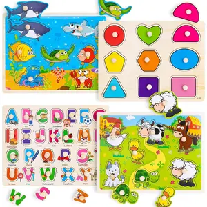 Wooden Peg Puzzles for Toddlers 2 3 4 Year Old, 4 Pack Montessori Toys Preschool Learning Puzzles for Toddlers 1-3 with Animals, Shapes, Alphabet, Wooden Toddler Toys Gifts for Kids Boys Girlsfidget toys