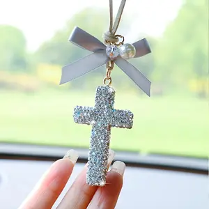 Full Rhinestone Cross Car Rearview Mirror Pendant, Unisex Bling Religious Auto Interior Hanging Charm for Gift & Daily Car Decor