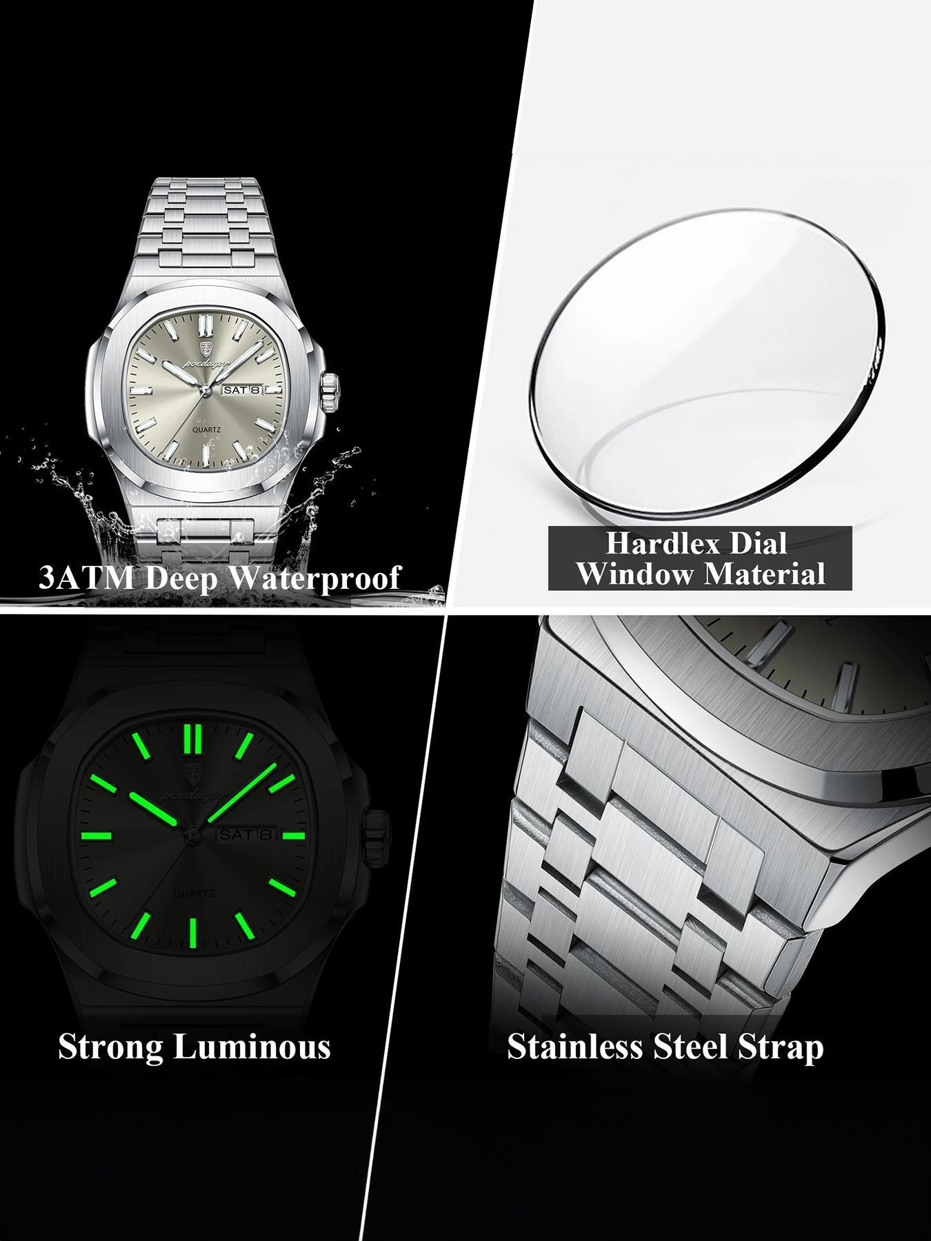 Men's Business Fashion Waterproof Luminous Dial Analog Quartz Watch, Stainless Steel Watches, Fashion Watch for Party, Daily Clothing Decor, Trendy All-match & Exquisite Watch for Birthday Gift with Box