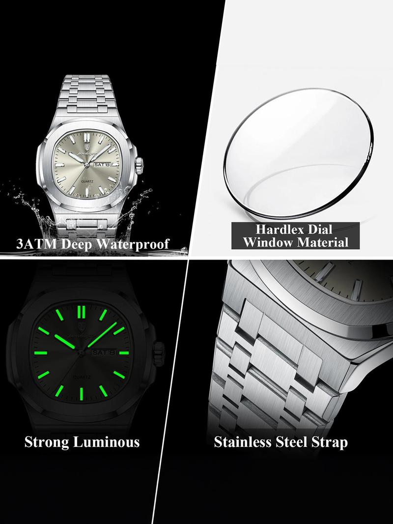 Men's Business Fashion Waterproof Luminous Dial Analog Quartz Watch, Stainless Steel Watches, Fashion Watch for Party, Daily Clothing Decor, Trendy All-match & Exquisite Watch for Birthday Gift with Box